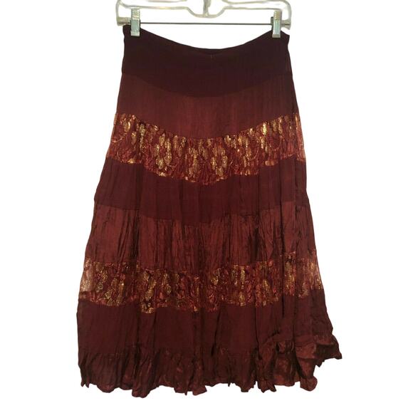 Cache Sequin Metallic Lace Evening Day Skirt Boho Chic New  $128 NWT Burgundy - Picture 4 of 5